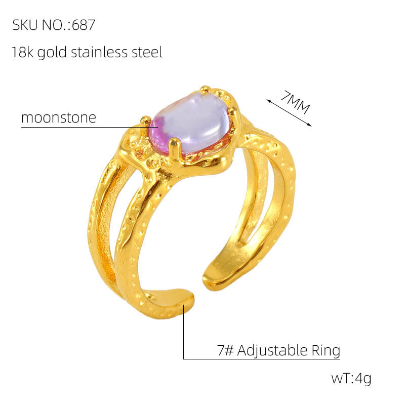 European And American Retro Titanium Steel Moonstone Ring Personalized Hip Hop Irregular Geometric Lines Bijou'KAEL