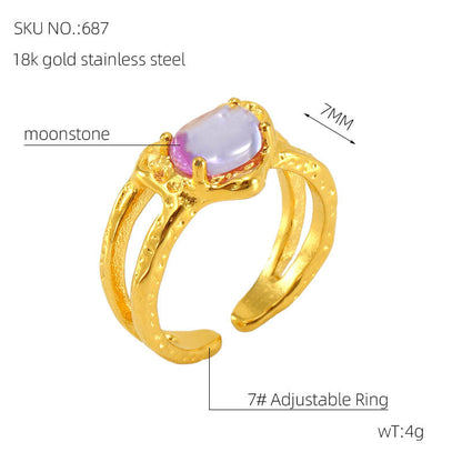 European And American Retro Titanium Steel Moonstone Ring Personalized Hip Hop Irregular Geometric Lines Bijou'KAEL