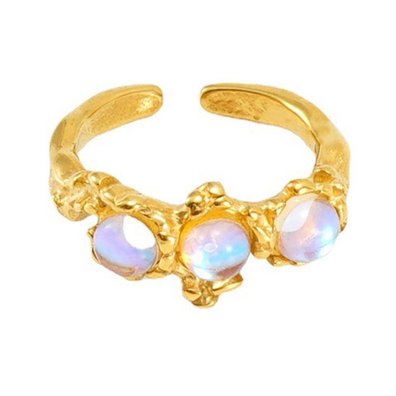 European And American Retro Titanium Steel Moonstone Ring Personalized Hip Hop Irregular Geometric Lines Bijou'KAEL