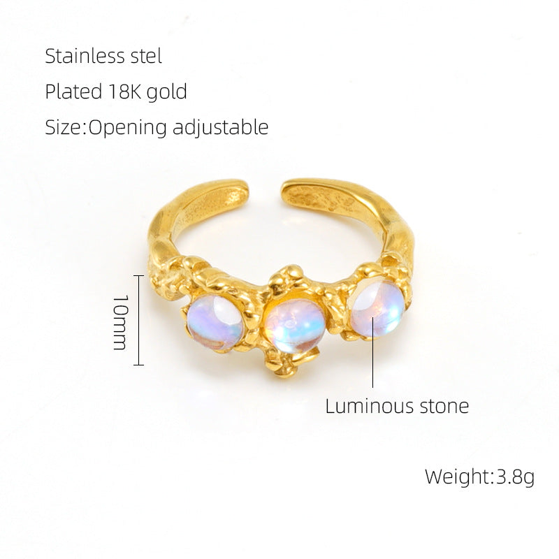 European And American Retro Titanium Steel Moonstone Ring Personalized Hip Hop Irregular Geometric Lines Bijou'KAEL