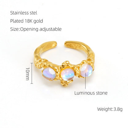 European And American Retro Titanium Steel Moonstone Ring Personalized Hip Hop Irregular Geometric Lines Bijou'KAEL