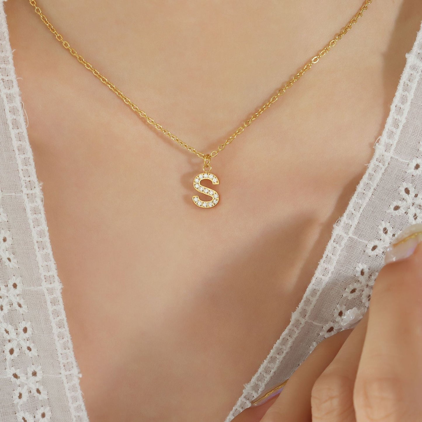 Small Fragrant Style Fashion Trend Cute Temperament 26 Personal Letters Zirconia Necklace Titanium Steel Jewellery Bijou'KAEL