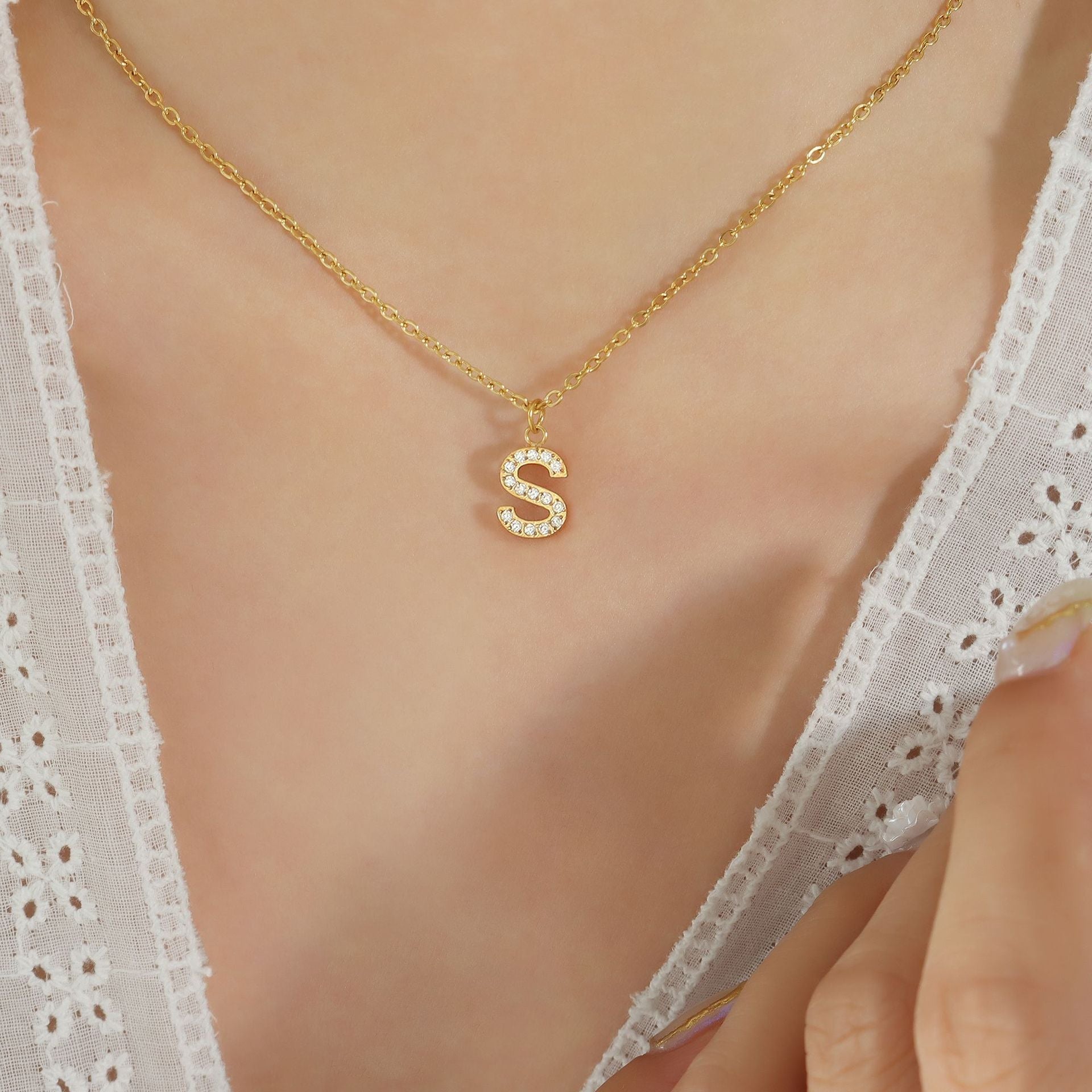 Small Fragrant Style Fashion Trend Cute Temperament 26 Personal Letters Zirconia Necklace Titanium Steel Jewellery Bijou'KAEL
