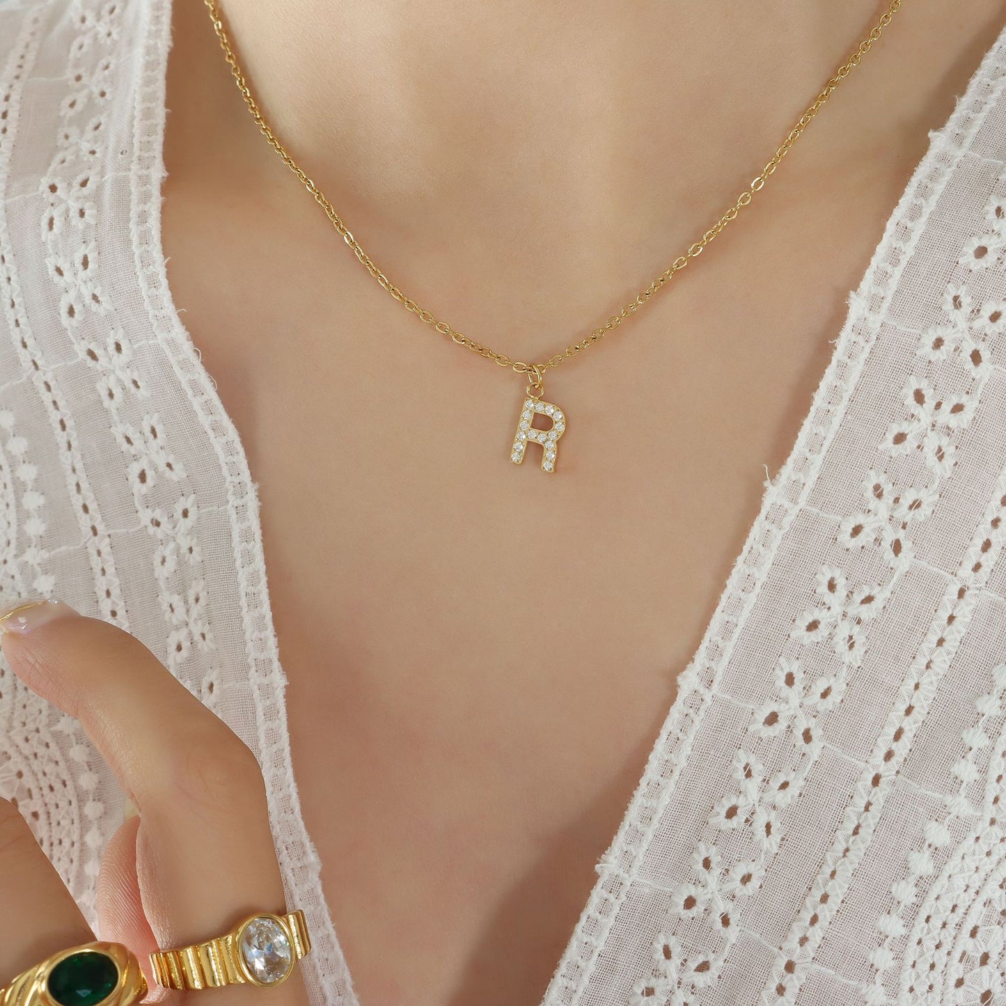 Small Fragrant Style Fashion Trend Cute Temperament 26 Personal Letters Zirconia Necklace Titanium Steel Jewellery Bijou'KAEL