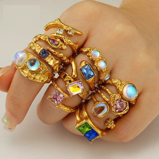 European And American Retro Titanium Steel Moonstone Ring Personalized Hip Hop Irregular Geometric Lines Bijou'KAEL
