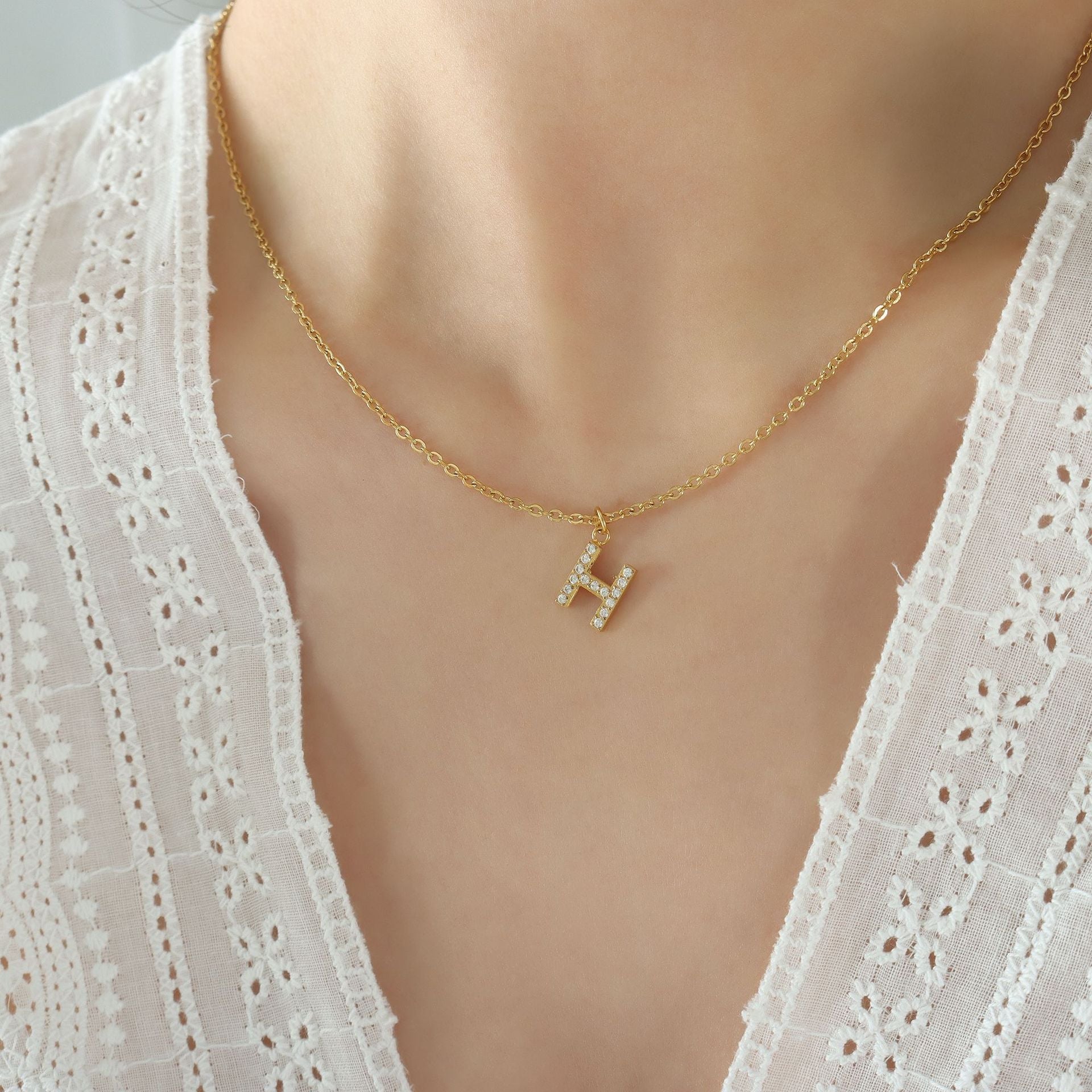 Small Fragrant Style Fashion Trend Cute Temperament 26 Personal Letters Zirconia Necklace Titanium Steel Jewellery Bijou'KAEL