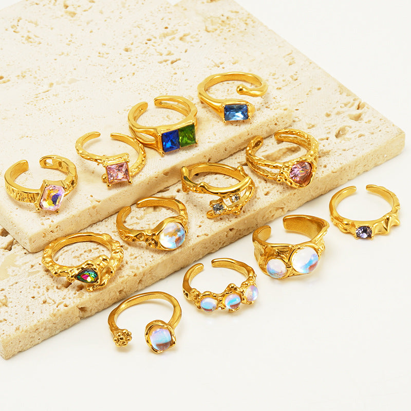 European And American Retro Titanium Steel Moonstone Ring Personalized Hip Hop Irregular Geometric Lines Bijou'KAEL