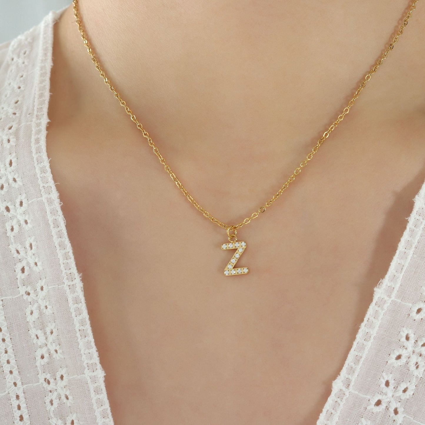 Small Fragrant Style Fashion Trend Cute Temperament 26 Personal Letters Zirconia Necklace Titanium Steel Jewellery Bijou'KAEL