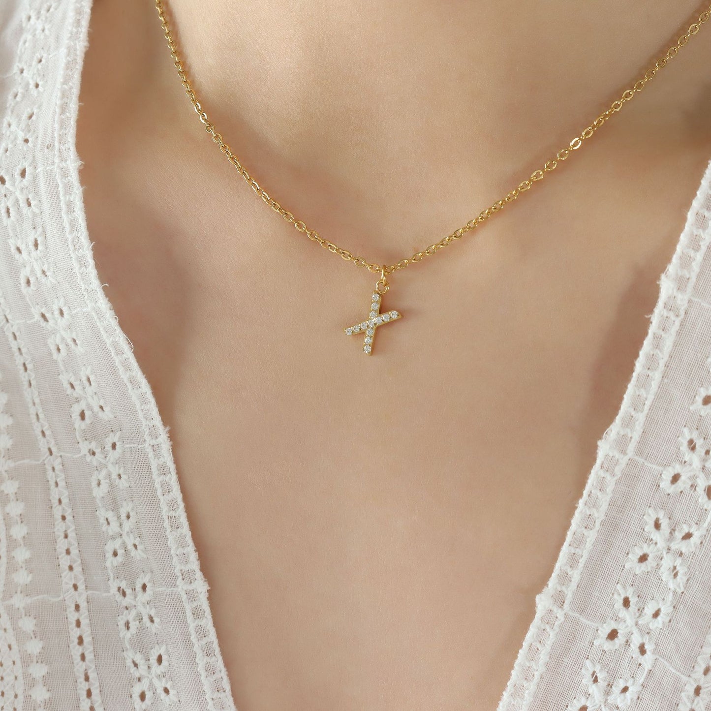 Small Fragrant Style Fashion Trend Cute Temperament 26 Personal Letters Zirconia Necklace Titanium Steel Jewellery Bijou'KAEL