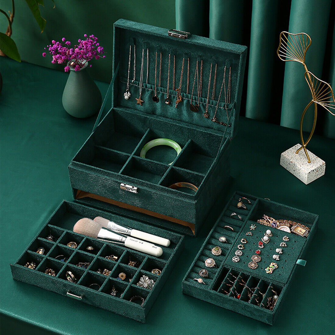 3 Layer Grey Jewellery Box Organizer Rings Necklaces Jewellry Storage Case Box Bijou'KAEL