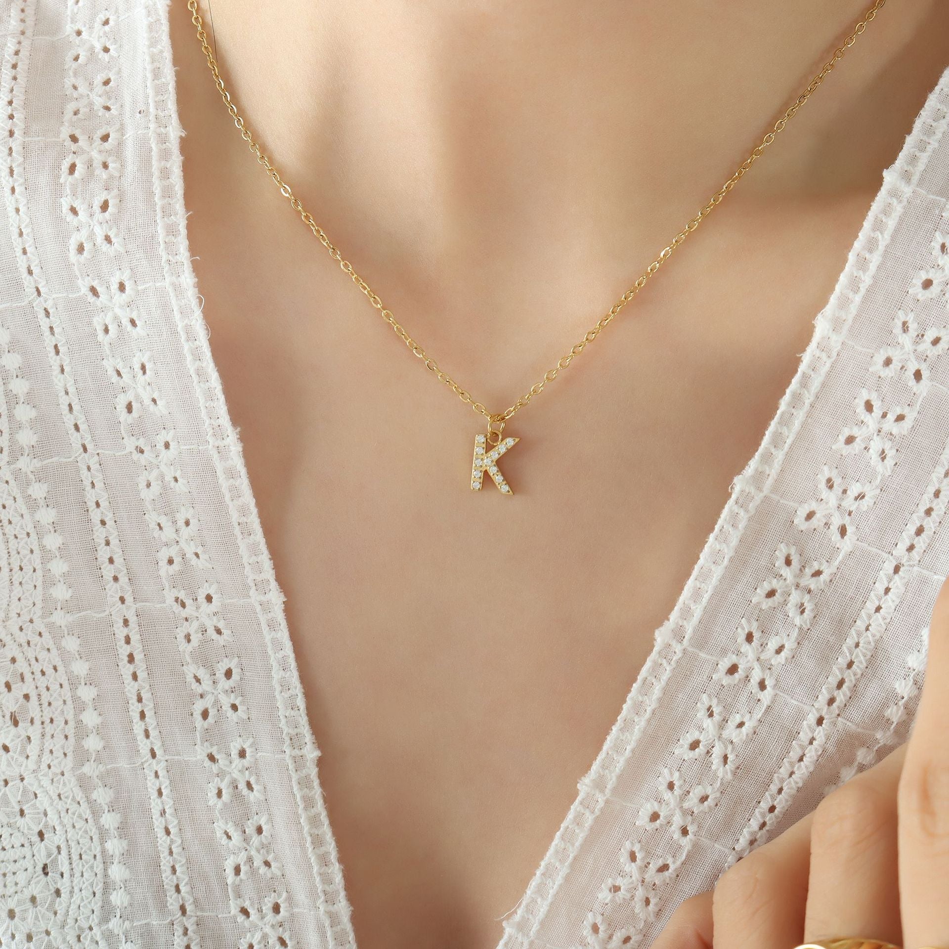 Small Fragrant Style Fashion Trend Cute Temperament 26 Personal Letters Zirconia Necklace Titanium Steel Jewellery Bijou'KAEL