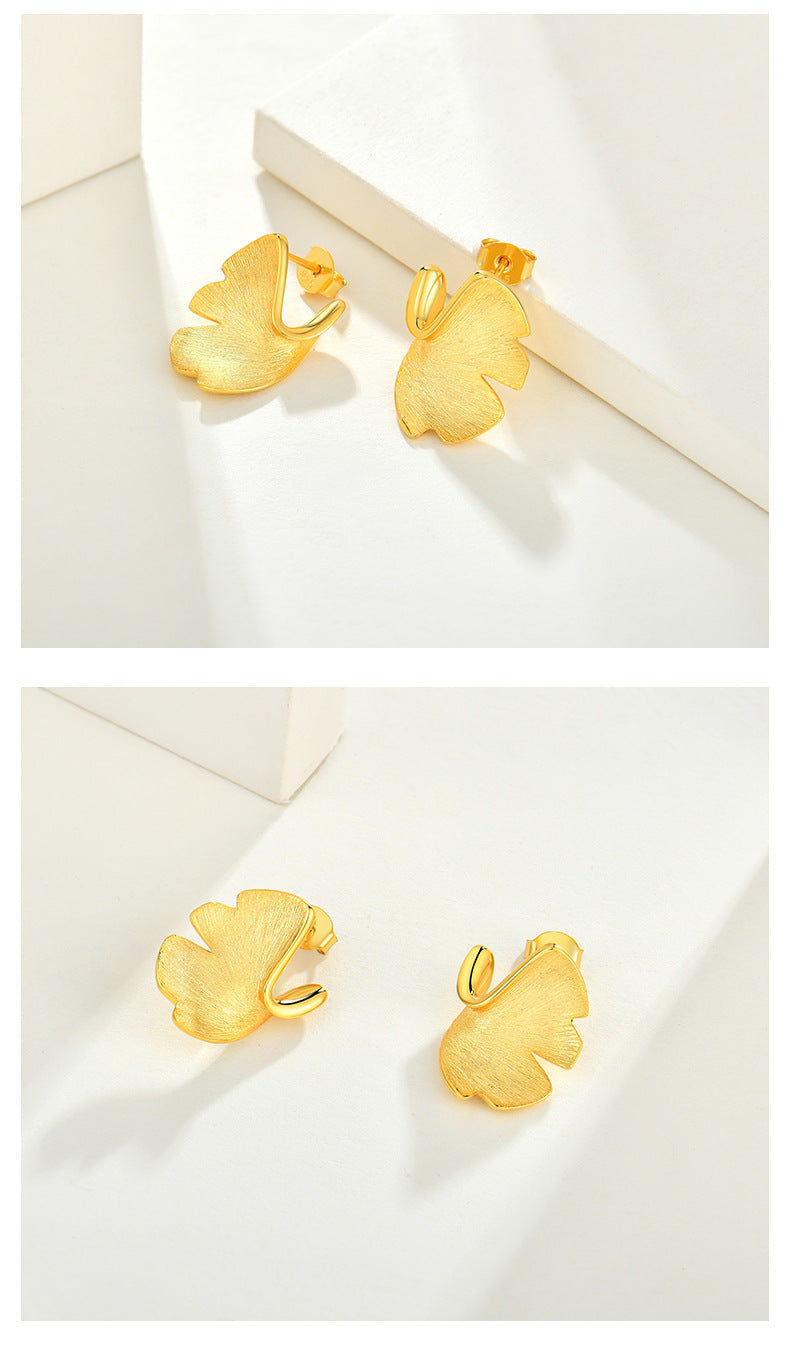 925 Sterling Silver Stud Earrings Earrings Female Plated 14k Gold Premium Sense Of Niche Design Ginkgo Biloba National Style Silver Jewellery Bijou'KAEL