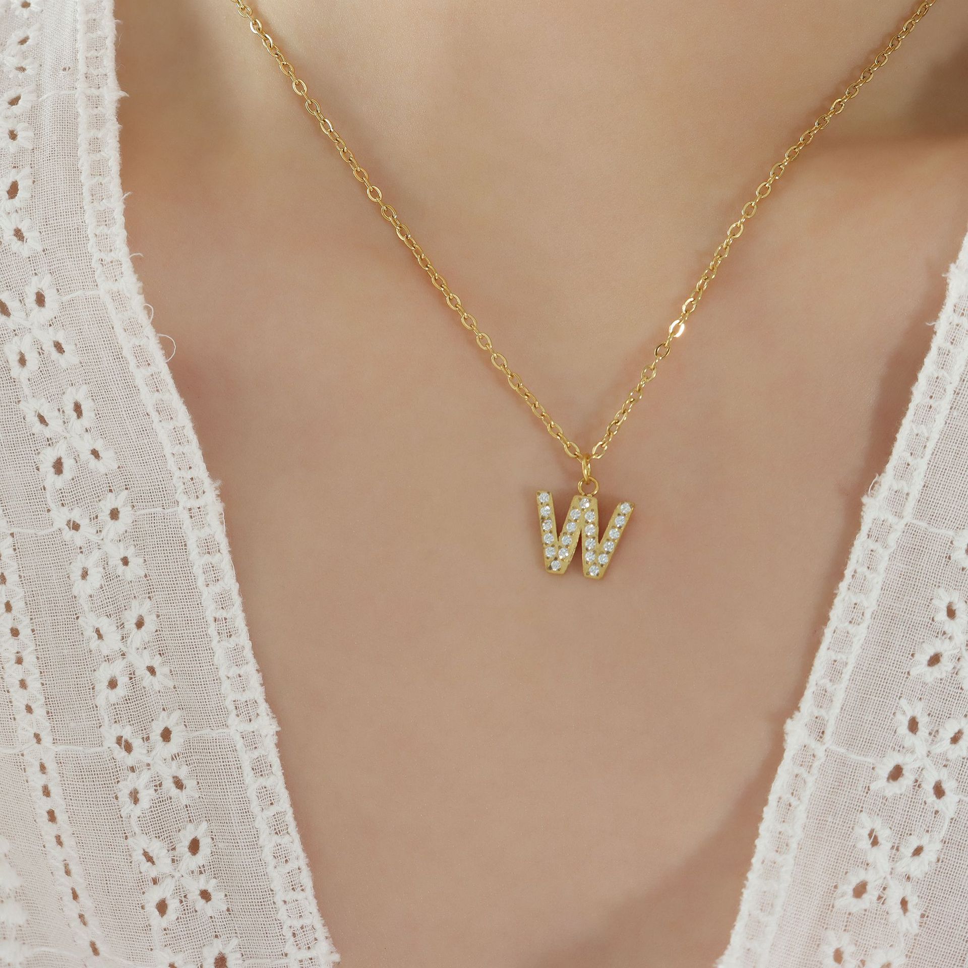 Small Fragrant Style Fashion Trend Cute Temperament 26 Personal Letters Zirconia Necklace Titanium Steel Jewellery Bijou'KAEL