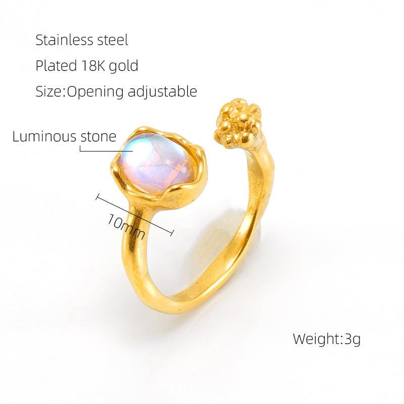 European And American Retro Titanium Steel Moonstone Ring Personalized Hip Hop Irregular Geometric Lines Bijou'KAEL