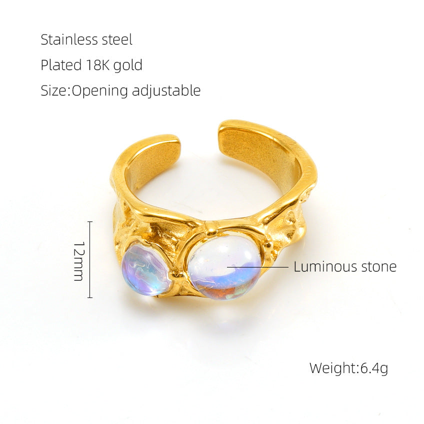 European And American Retro Titanium Steel Moonstone Ring Personalized Hip Hop Irregular Geometric Lines Bijou'KAEL