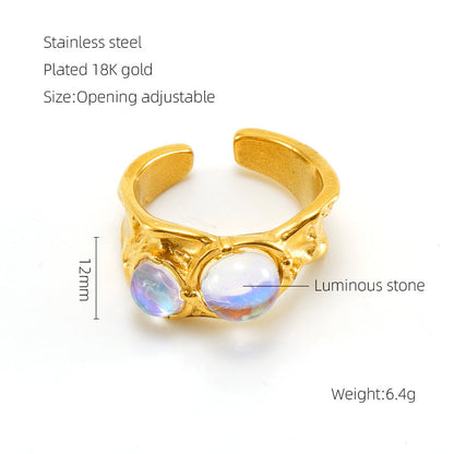 European And American Retro Titanium Steel Moonstone Ring Personalized Hip Hop Irregular Geometric Lines Bijou'KAEL