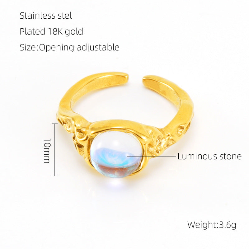 European And American Retro Titanium Steel Moonstone Ring Personalized Hip Hop Irregular Geometric Lines Bijou'KAEL