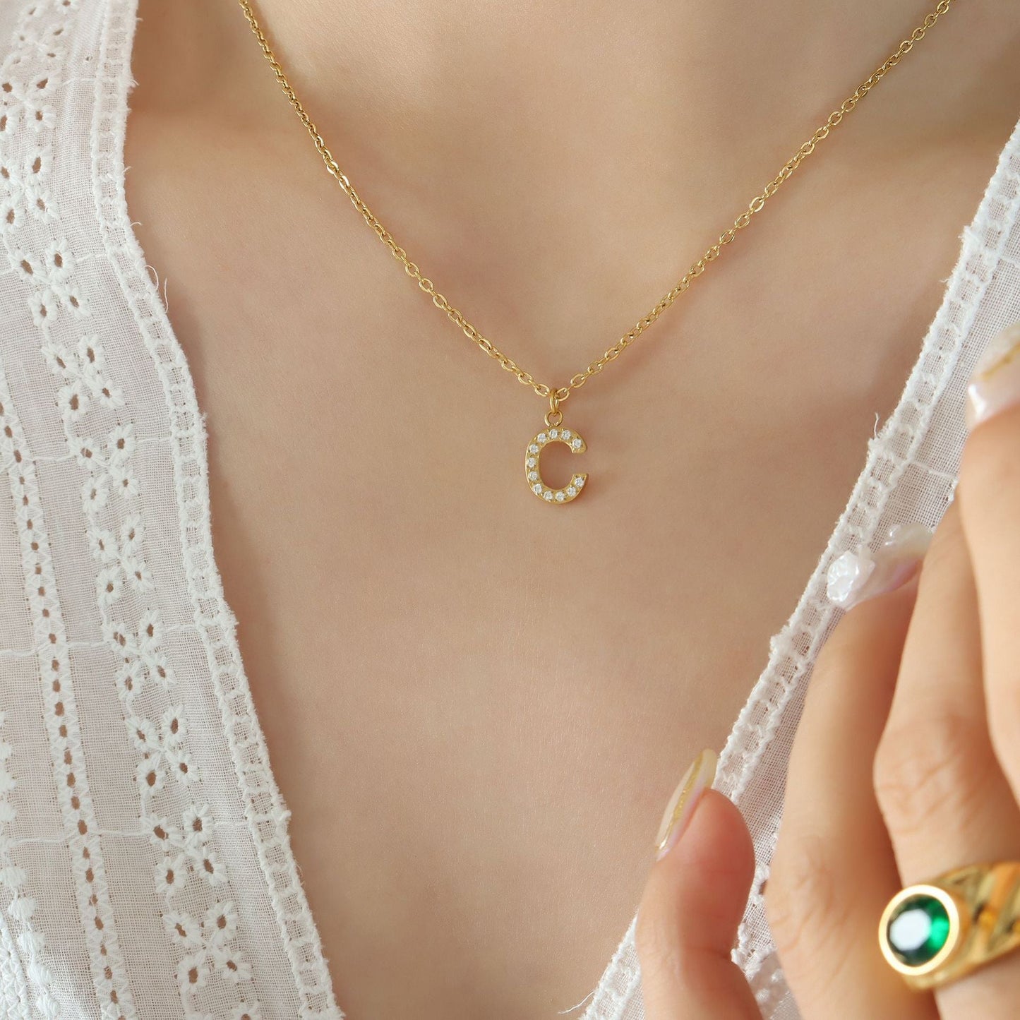 Small Fragrant Style Fashion Trend Cute Temperament 26 Personal Letters Zirconia Necklace Titanium Steel Jewellery Bijou'KAEL
